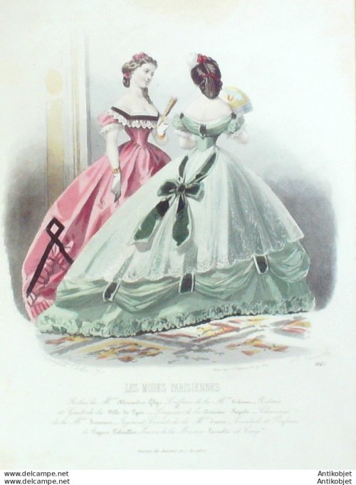 Gravure Les Modes Parisiennes 1863 #1045 Robes brodées Maison Ghys