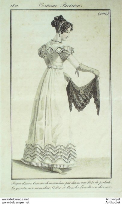 Gravure de mode Costume Parisien 1821 n°2011 Robe perkale canezou mousseline