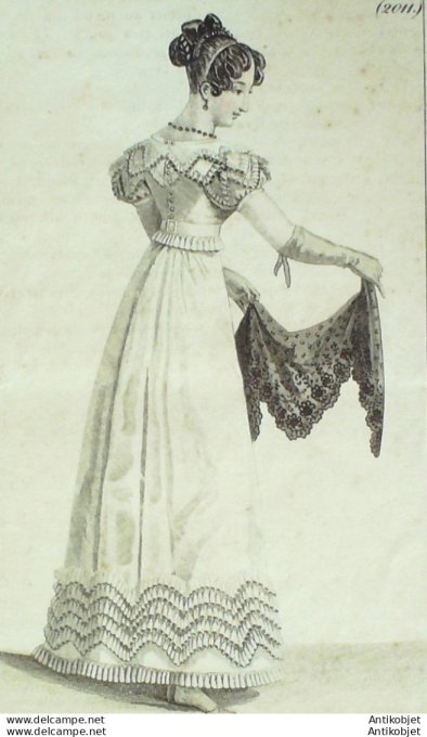 Gravure de mode Costume Parisien 1821 n°2011 Robe perkale canezou mousseline