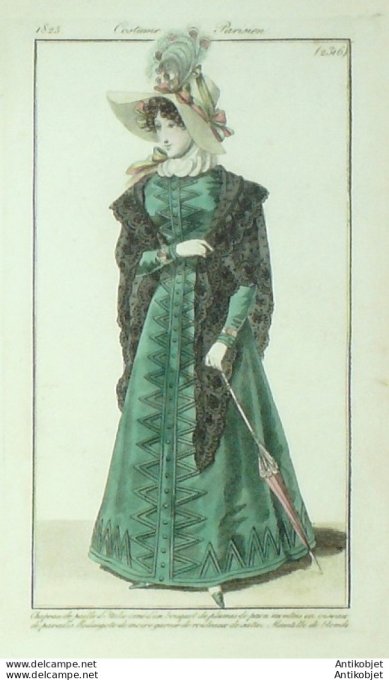 Gravure de mode Costume Parisien 1825 n°2316 Mantille Redingote rouleaux de satin