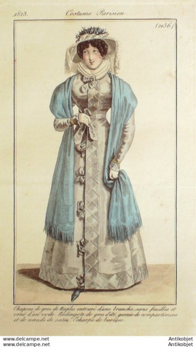 Gravure de mode Costume Parisien 1823 n°2156 Redingote gros d'été garnie