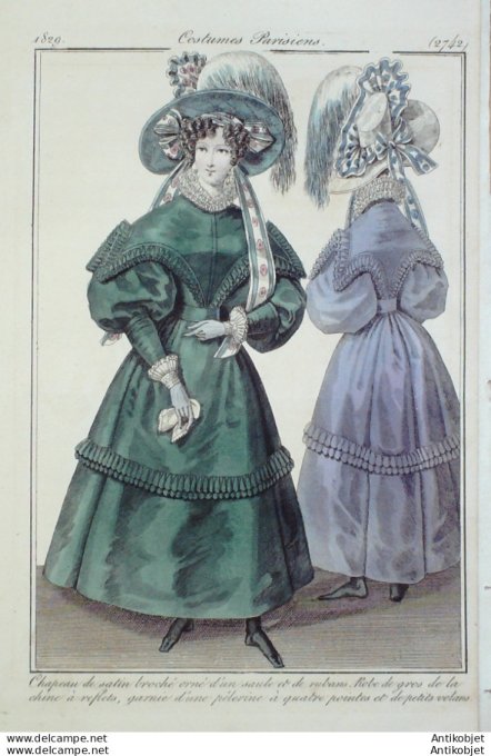 Gravure de mode Costume Parisien 1829 n°2742 Robe gros de Naples reflets pélerine