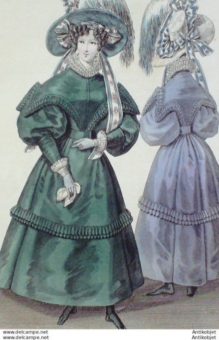 Gravure de mode Costume Parisien 1829 n°2742 Robe gros de Naples reflets pélerine