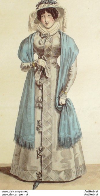 Gravure de mode Costume Parisien 1823 n°2156 Redingote gros d'été garnie