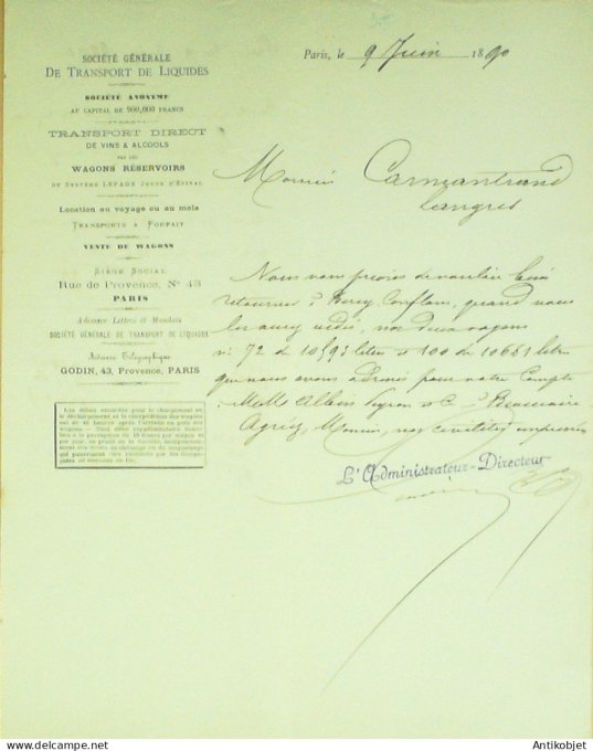 Lettre Ciale Transport direct (Liquides) 1890 à Paris 9