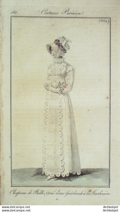 Gravure de mode Costume Parisien 1811 n°1159 Chapeau de paille & guirlande