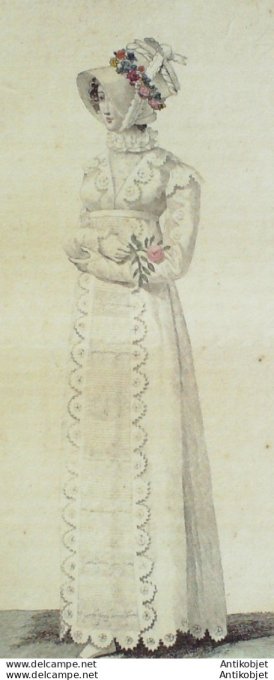 Gravure de mode Costume Parisien 1811 n°1159 Chapeau de paille & guirlande