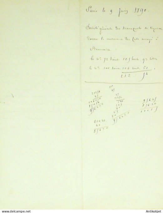 Lettre Ciale Transport direct (Liquides) 1890 à Paris 9