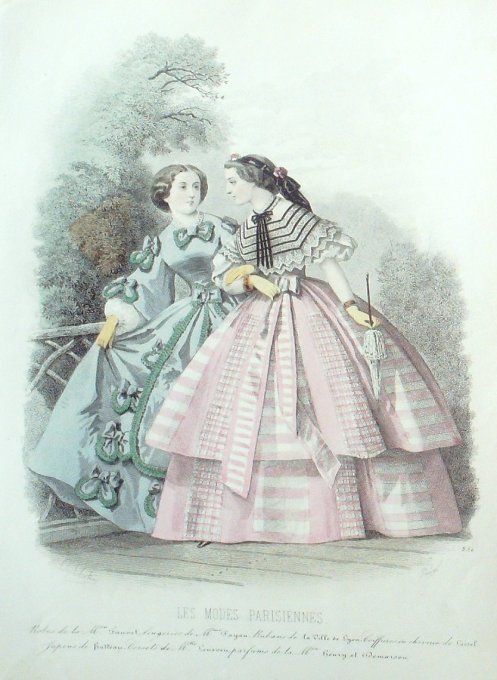 Gravure Les Modes Parisiennes 1859 # 850 Robes de promenade Maison Fauvet