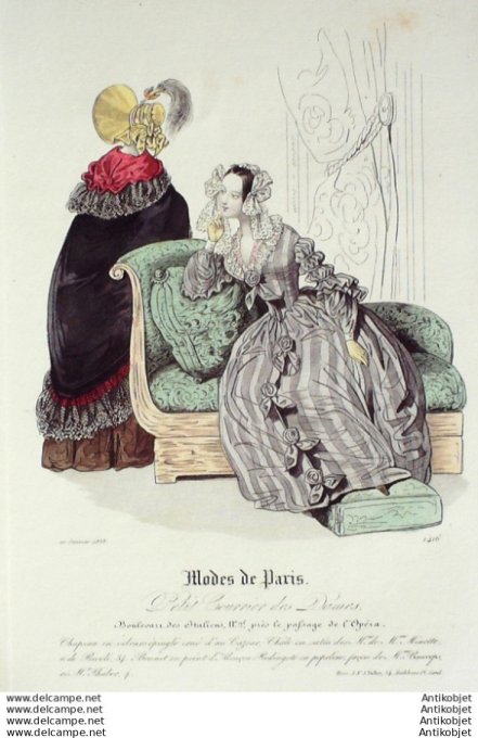 Gravure Mode Courrier des Dames 1838 # 1416 (eau forte old Fashion plate)