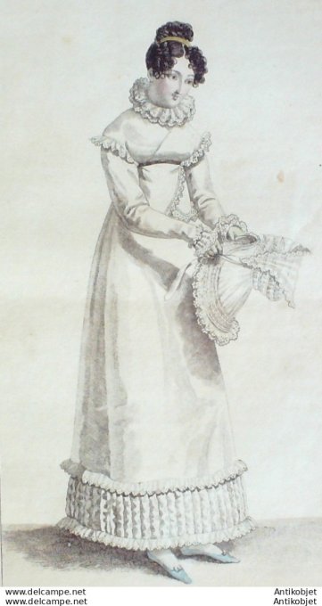 Gravure de mode Costume Parisien 1818 n°1739 Pélerine en fichu capote