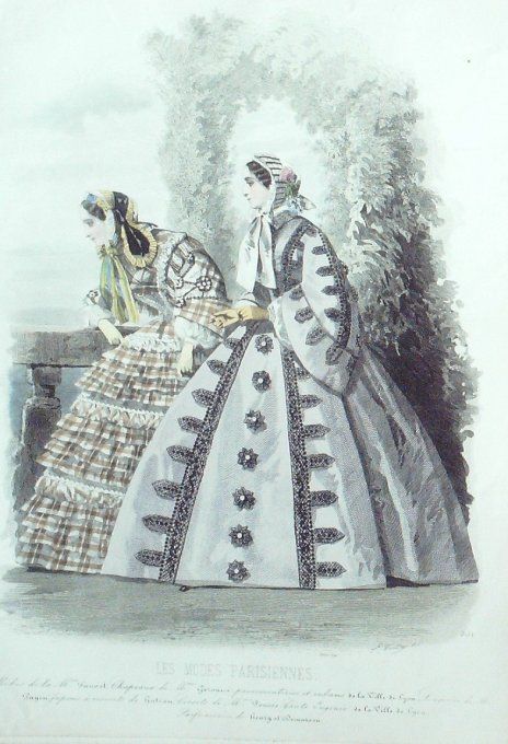 Gravure Les Modes Parisiennes 1859 # 851 Robes Bargèges Maison Fauvet