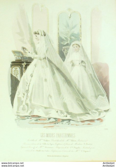 Gravure Les Modes Parisiennes 1865 #1204 Robes de mariage Maison Pieffort