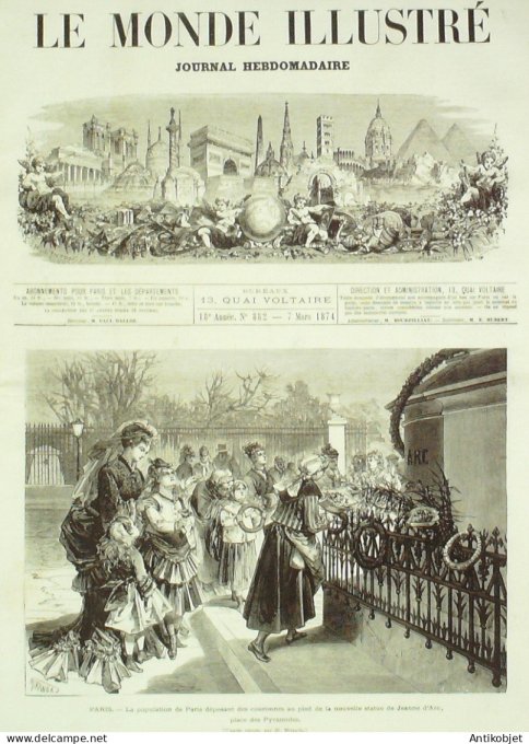Le Monde illustré 1874 n°882 Statue Jeanne d'Arc Russie St-Pétersbourg Italie Rome carnaval
