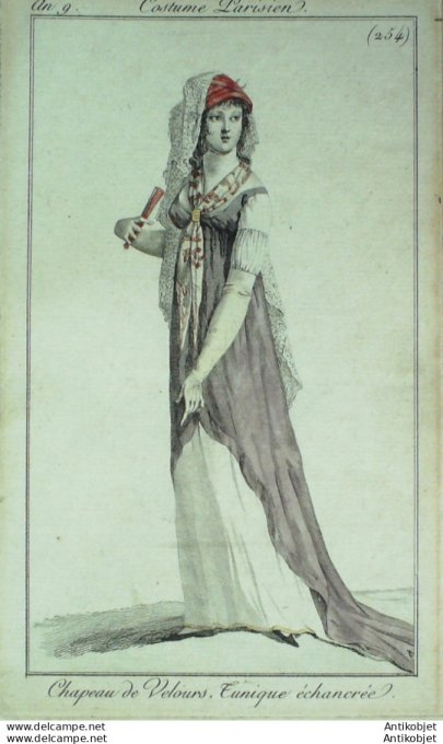 Gravure de mode Costume Parisien 1800 n° 254 (An 9) Tunique échancrée