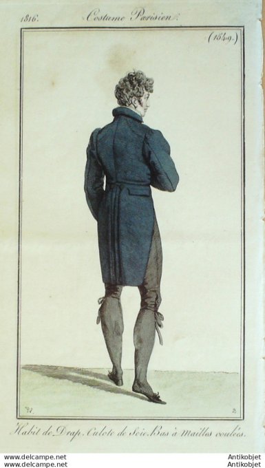 Gravure de mode Costume Parisien 1816 n°1549 Habit de drap homme Culote soie