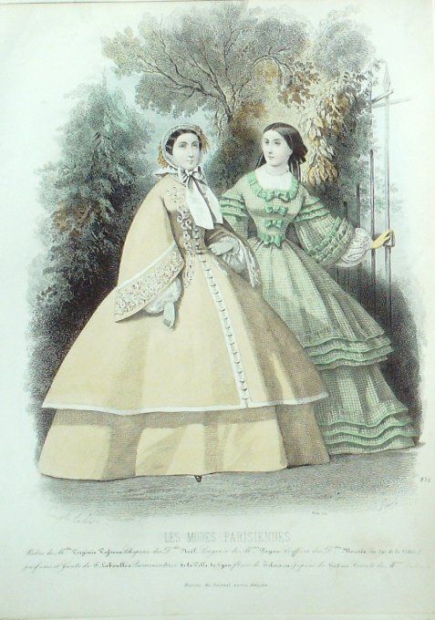 Gravure Les Modes Parisiennes 1859 # 852 Robes fil d'Ecosse Maison Vafseno