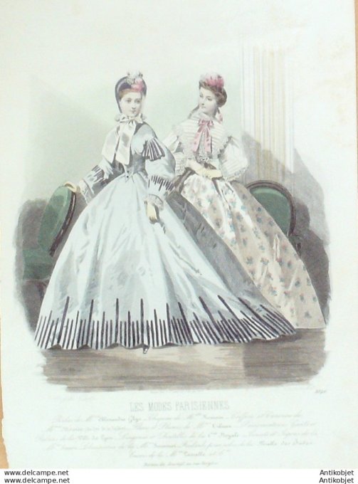 Gravure Les Modes Parisiennes 1863 #1046 Robes en crêpe Maison Ghys