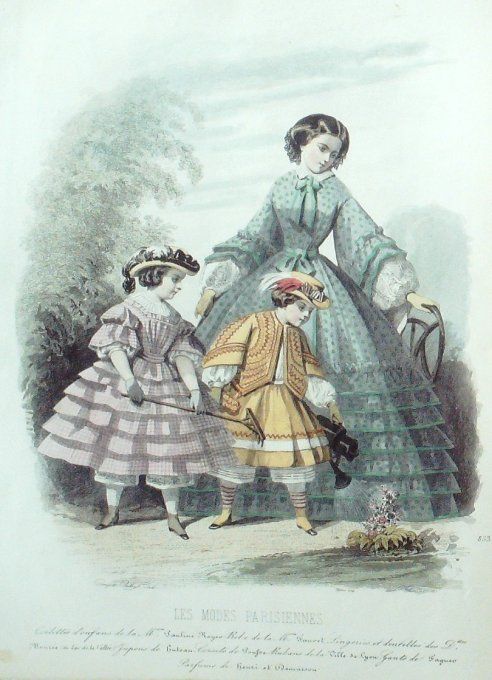 Gravure Les Modes Parisiennes 1859 # 853 Costumes enfants Maison Rogeo