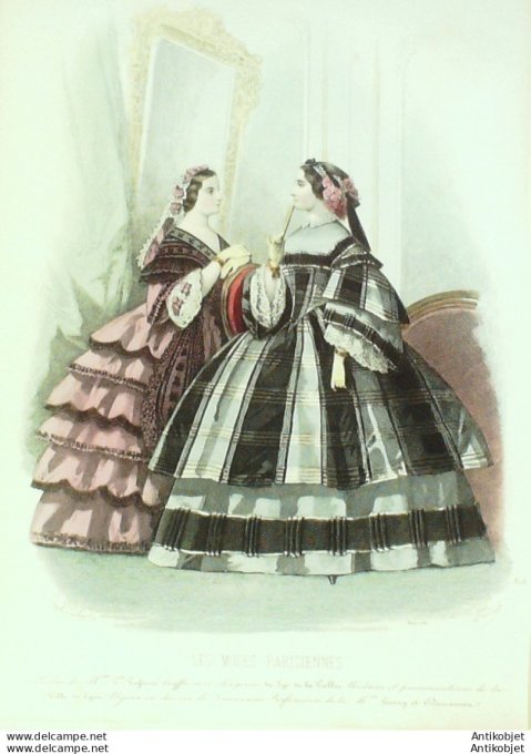 Gravure Les Modes Parisiennes 1858 # 818 Robes en madras Maison Vafseno