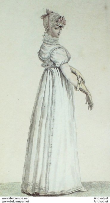 Gravure de mode Costume Parisien 1805 n° 639 (An 13) Bonnet lingère Tablier à fichu