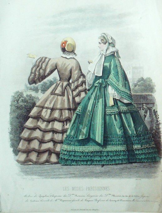 Gravure Les Modes Parisiennes 1859 # 854 Robes satin Maison Gagelin