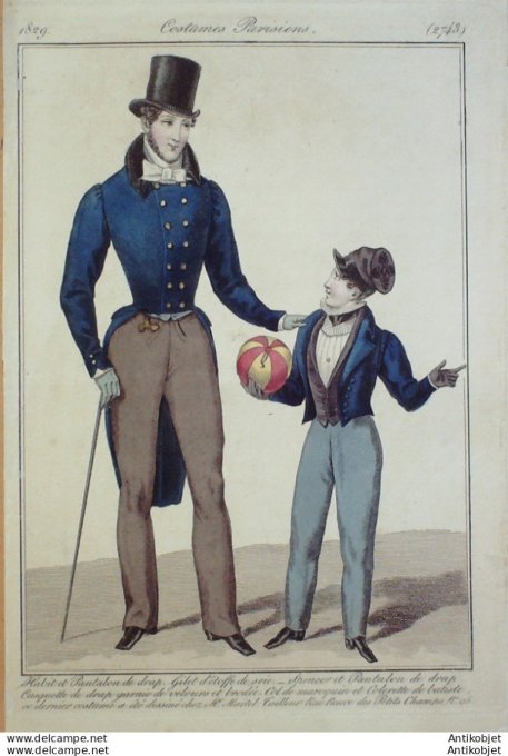 Gravure de mode Costume Parisien 1829 n°2743 Habit & Spencer homme en drap