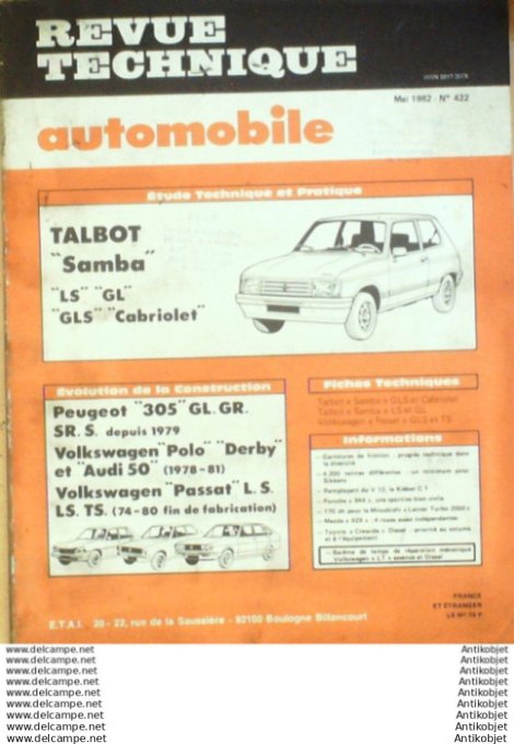 R.T Automobile Talbot Samba Peugeot 305 Volkswagen Polo Audi 50   # 422