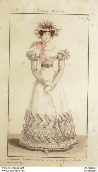 Gravure de mode Costume Parisien 1823 n°2157 Robe mousseline