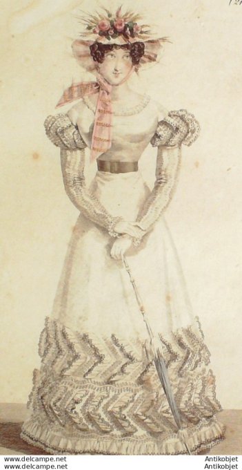 Gravure de mode Costume Parisien 1823 n°2157 Robe mousseline