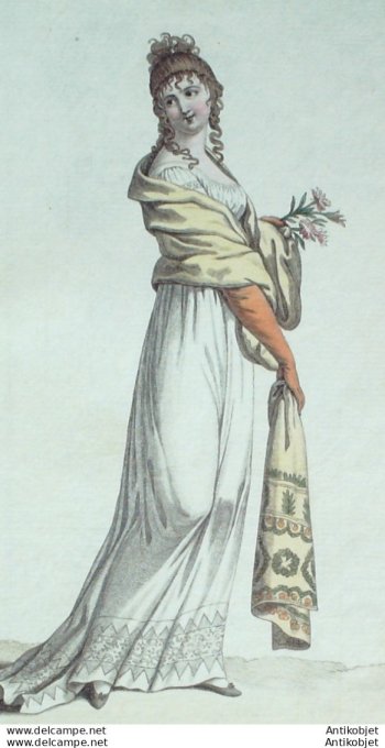 Gravure de mode Costume Parisien 1800 n° 255 (An 9) Schall de Casimir