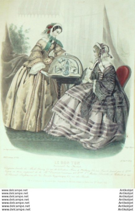 Gravure Mode Le Bon Ton 1855 22 #  6 (aquarelle old fashion plate)