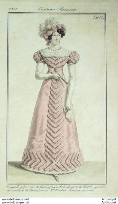 Gravure de mode Costume Parisien 1821 n°2012 Robe de gros de Naples garnie