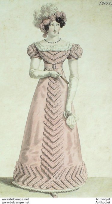 Gravure de mode Costume Parisien 1821 n°2012 Robe de gros de Naples garnie