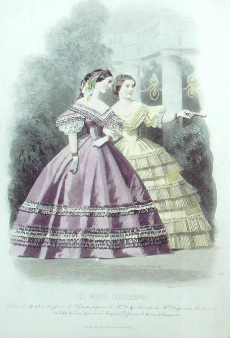 Gravure Les Modes Parisiennes 1859 # 856 Robes printanières Maison Gagelin