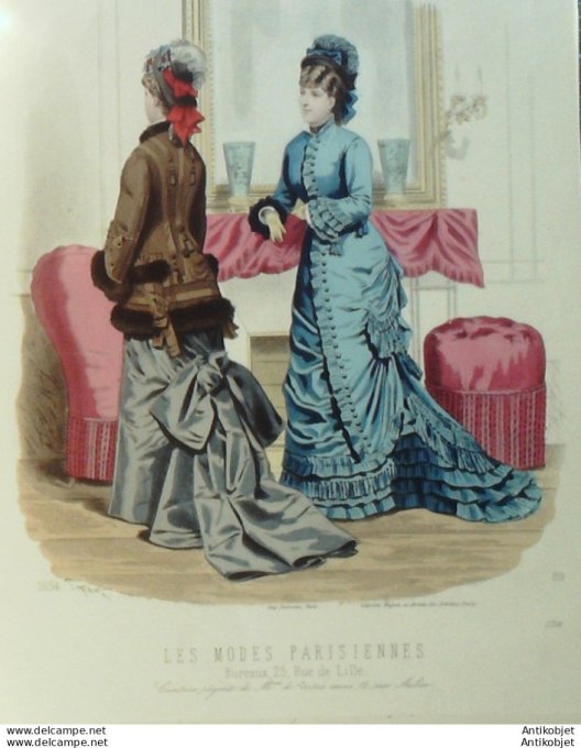 Gravure Les Modes Parisiennes 1877 #1718 Manteau velours robe satin Maison Vertus