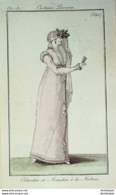 Gravure de mode Costume Parisien 1805 n° 640 (An 13) Colerettes manches Médicis
