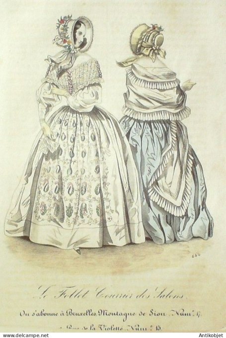 Gravure Mode Le Follet 1839 # 440 (aquarelle Old Fashion plate)