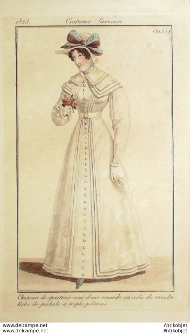 Gravure de mode Costume Parisien 1823 n°2158 Robe perkale à pélerine