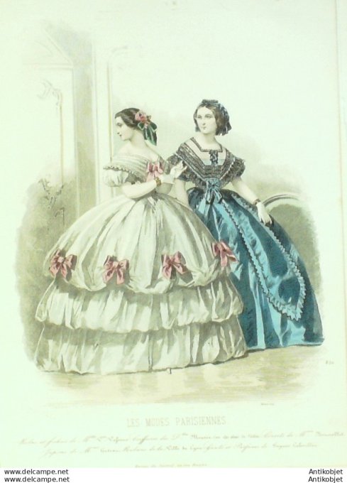 Gravure Les Modes Parisiennes 1858 # 820 Robes satin Maison Vafseno
