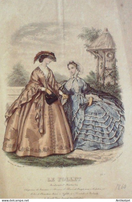 Gravure Mode Le Follet 1861 # 2271 (aquarelle Old Fashion plate)