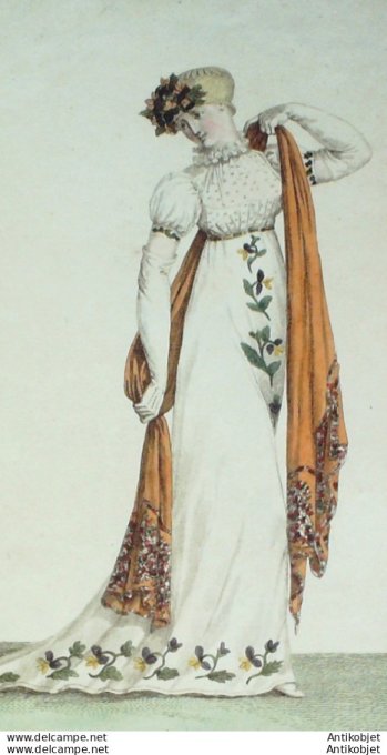 Gravure de mode Costume Parisien 1805 n° 641 (An 13) Robe brodée