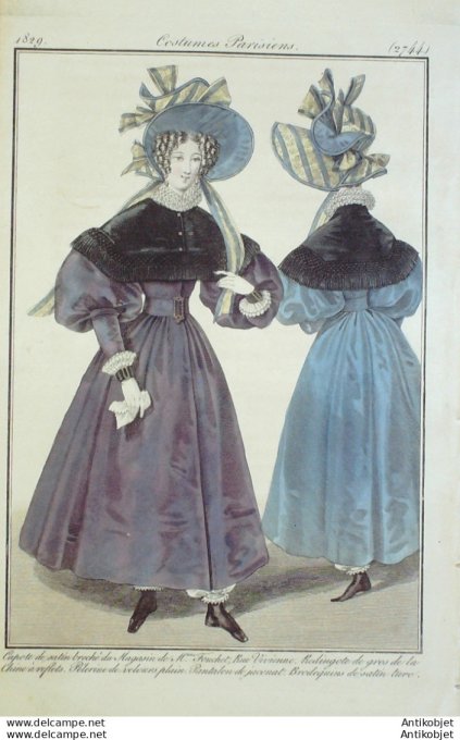 Gravure de mode Costume Parisien 1829 n°2744 Redingote gros de Chine Pelerine