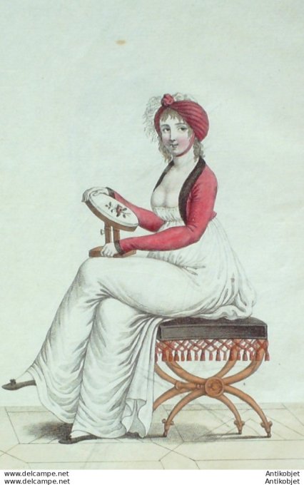 Gravure de mode Costume Parisien 1800 n° 257 (An 9) Chapeau de velours Pleureuse