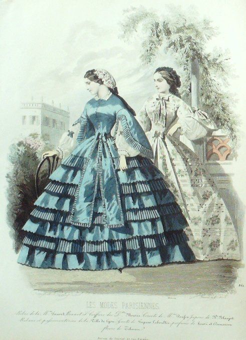 Gravure Les Modes Parisiennes 1859 # 861 Robes de loisirs Maison Fauvet