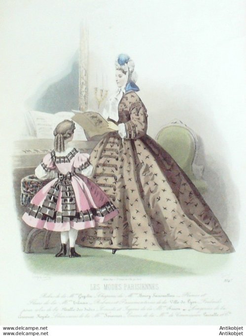 Gravure Les Modes Parisiennes 1863 #1047 Robes foulard & lin Maison Cagelin