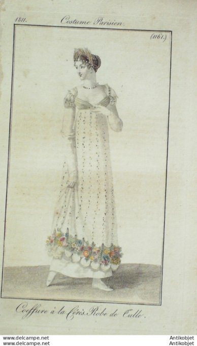 Gravure de mode Costume Parisien 1811 n°1161 Robe de tulle