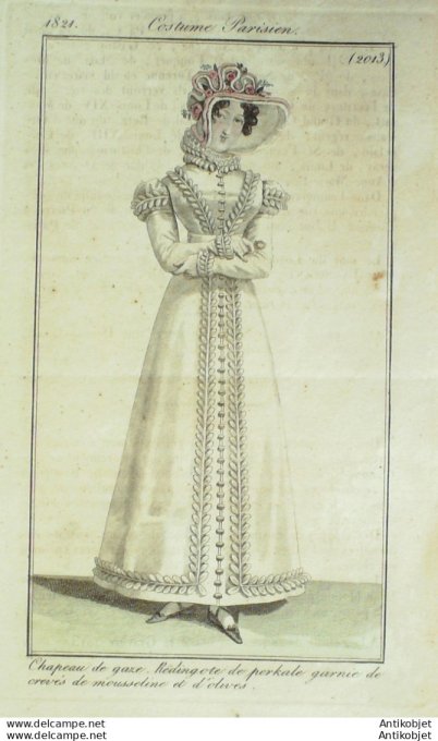 Gravure de mode Costume Parisien 1821 n°2013 Redingote perkale et crevés