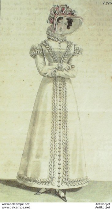 Gravure de mode Costume Parisien 1821 n°2013 Redingote perkale et crevés