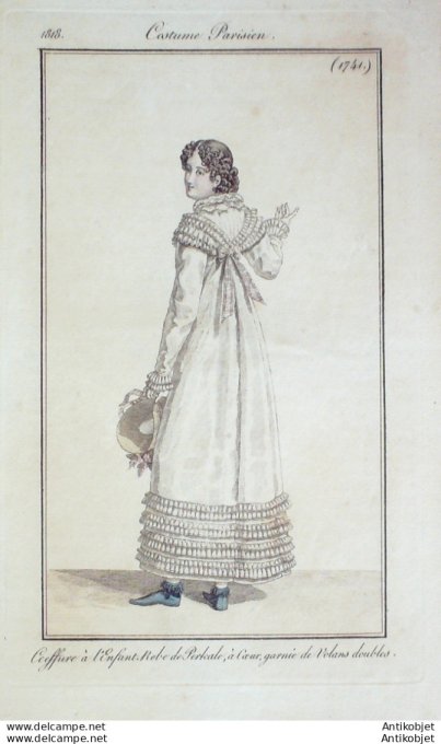 Gravure de mode Costume Parisien 1818 n°1741 Robe perkale & velours